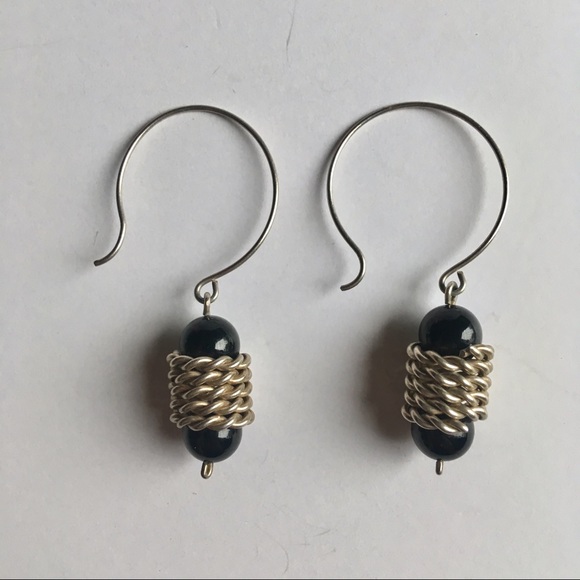 FINAL Vintage Silver Onyx Wire Drop Earrings - Picture 2 of 3